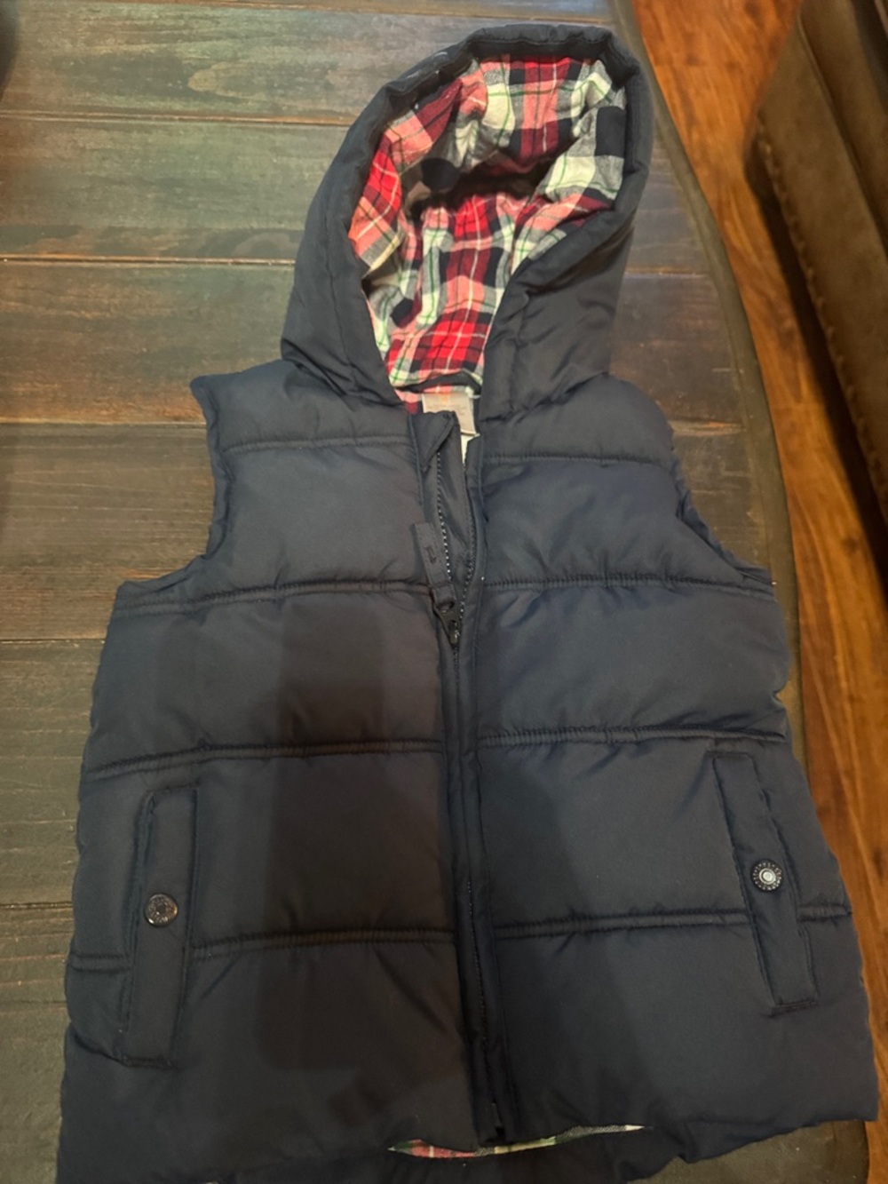 Gymboree Navy Puffer Vest with Plaid Hood Lining